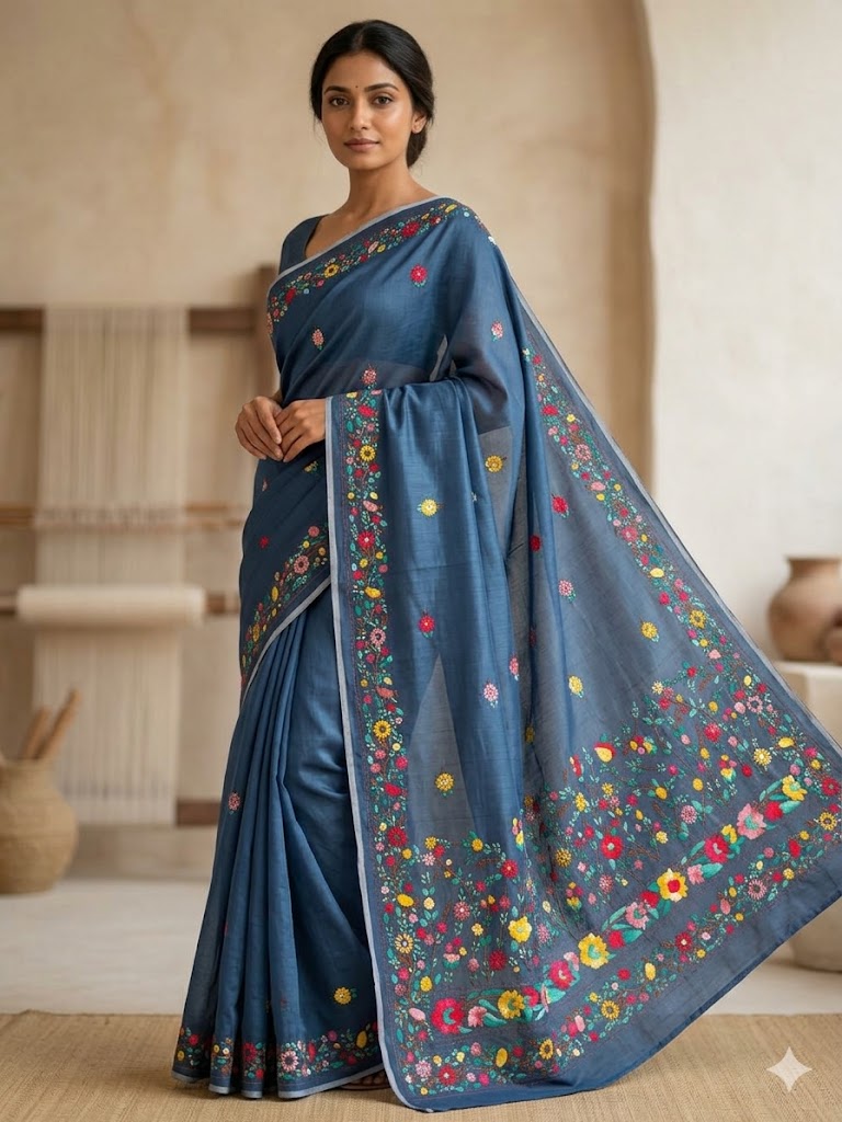 Premium Handcrafted Bullion Stitch Work Chanderi Saree with Blouse Piece