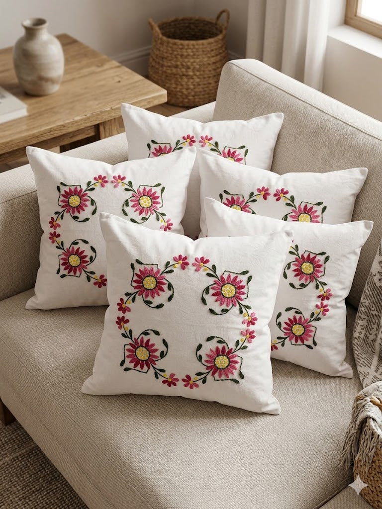 Hand Embroidered Cotton Cushion Covers (Set of 5)