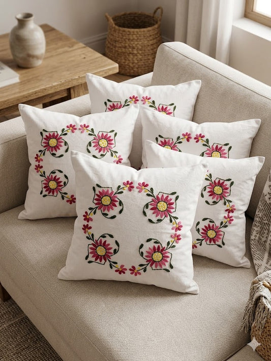 Hand Embroidered Cotton Cushion Covers (Set of 5)