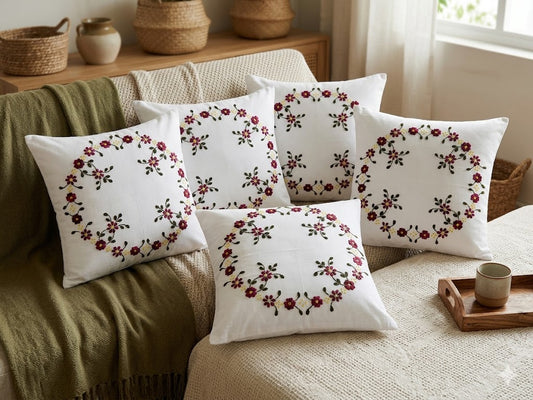Hand Embroidered Cotton Cushion Covers (Set of 5)