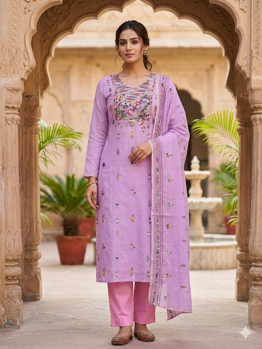 Chikonwala Premium Hand Embroidered Contrast Cotton Chandri Dress Material Set – Pure Cotton | Bullion Stitch Work | 2.5m Top, Bottom & Dupatta