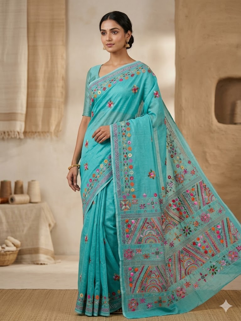 Premium Handcrafted Bullion Stitch Work Chanderi Saree with Blouse Piece