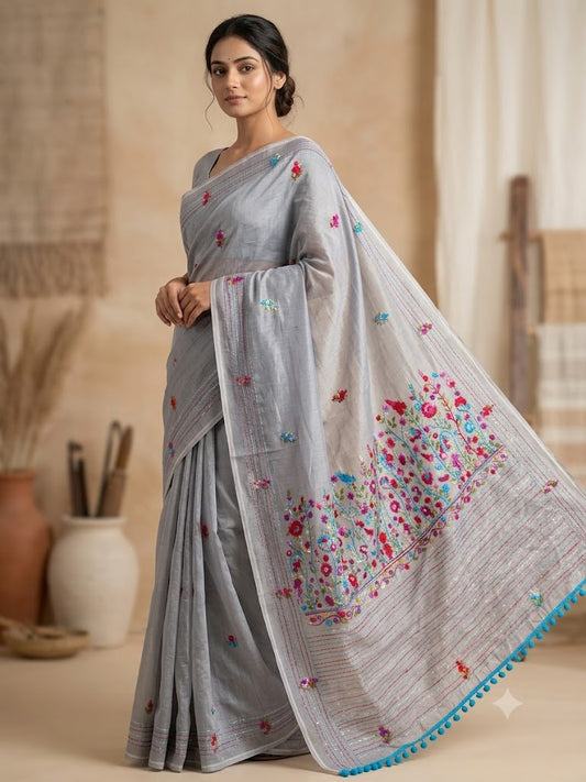 Premium Handcrafted Bullion Stitch Work Chanderi Saree with Blouse Piece