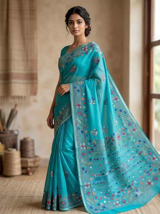 Premium Handcrafted Bullion Stitch Work Chanderi Saree with Blouse Piece