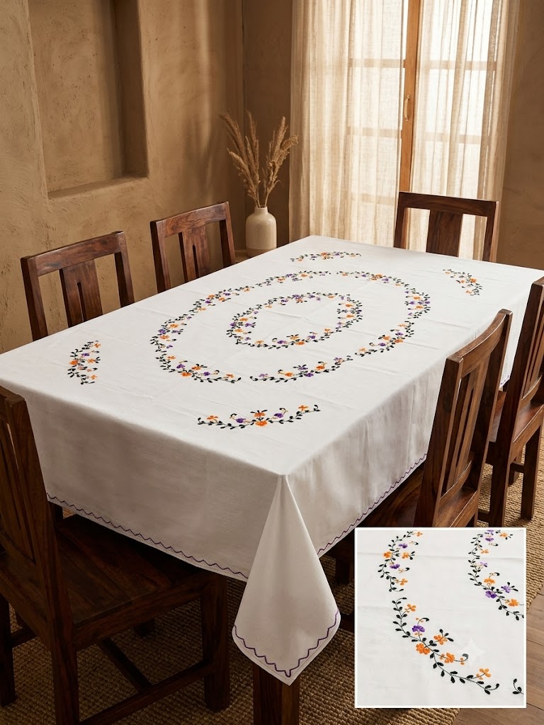 Hand Embroidered Floral Six Seater Table Cover