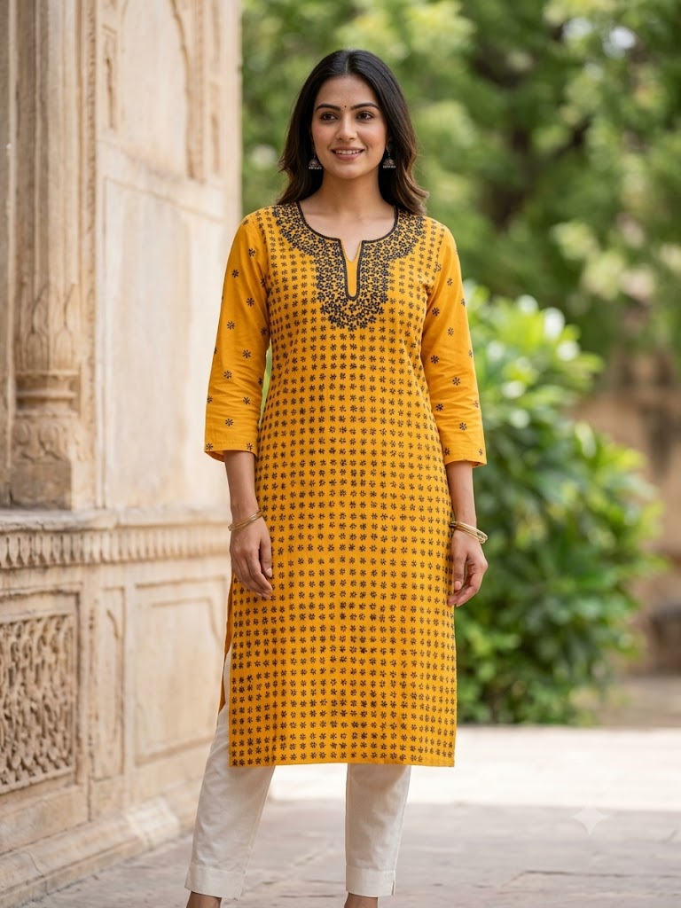 Hand Embroidered Pure Cotton Kurti Material | 3 Meter Premium Fabric | Made in India
