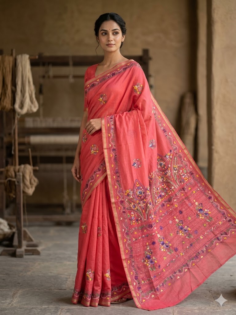 Premium Handcrafted Bullion Stitch Work Chanderi Saree with Blouse Piece