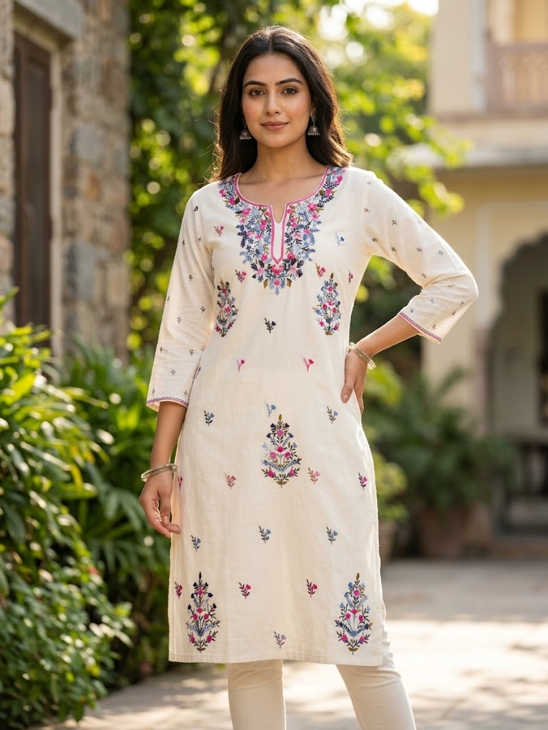 Hand Embroidered Pure Cotton Kurti Material | 3 Meter Premium Fabric | Made in India