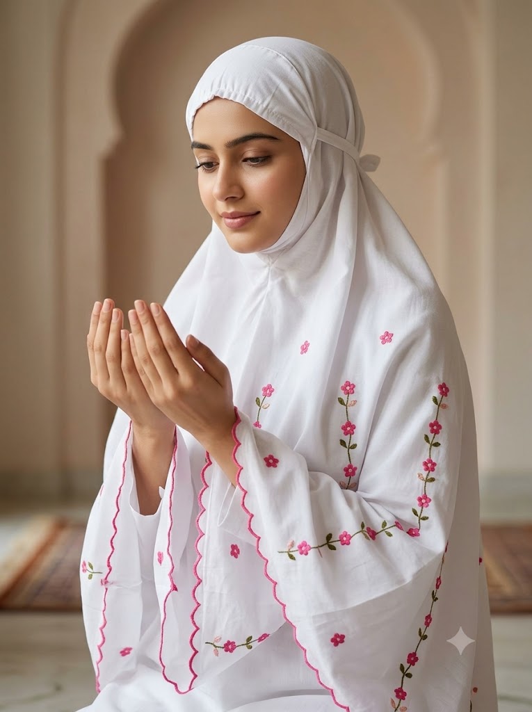 Chikonwala Hand Embroidered Cotton Islamic Namaz Hijab with Floral Embroidery