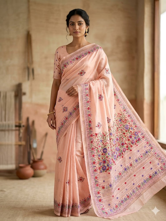 Premium Handcrafted Bullion Stitch Work Chanderi Saree with Blouse Piece
