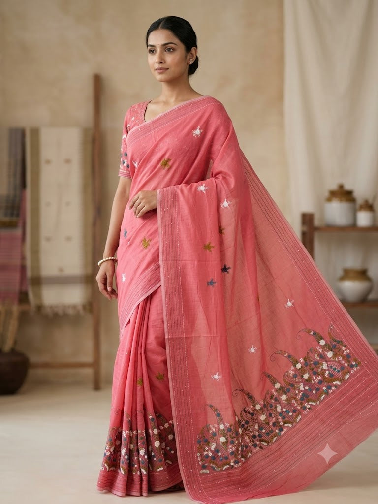 Premium Handcrafted Bullion Stitch Work Chanderi Saree with Blouse Piece