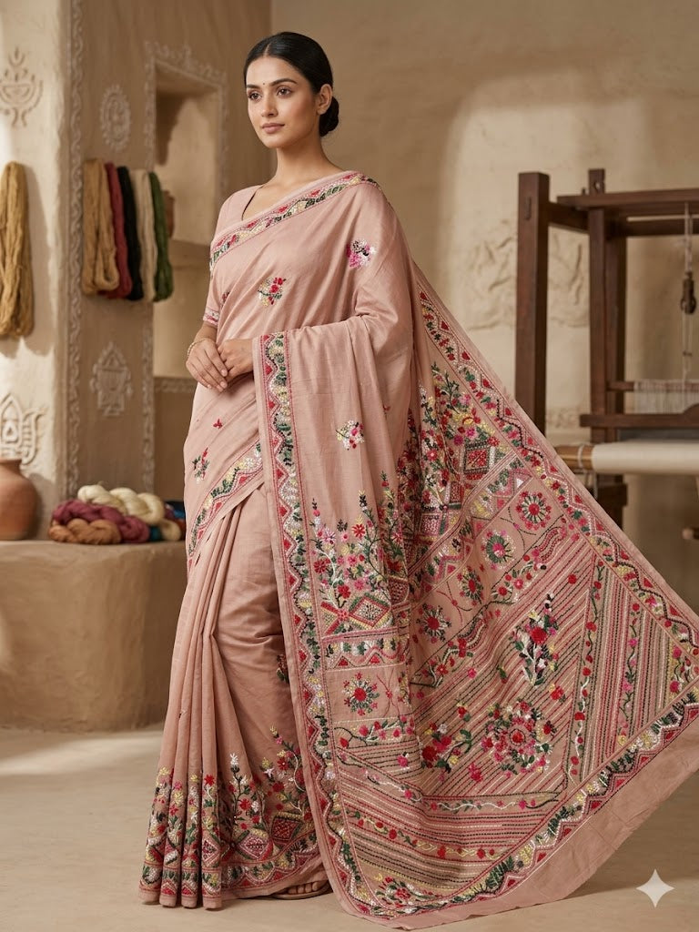 Premium Handcrafted Bullion Stitch Work Chanderi Saree with Blouse Piece