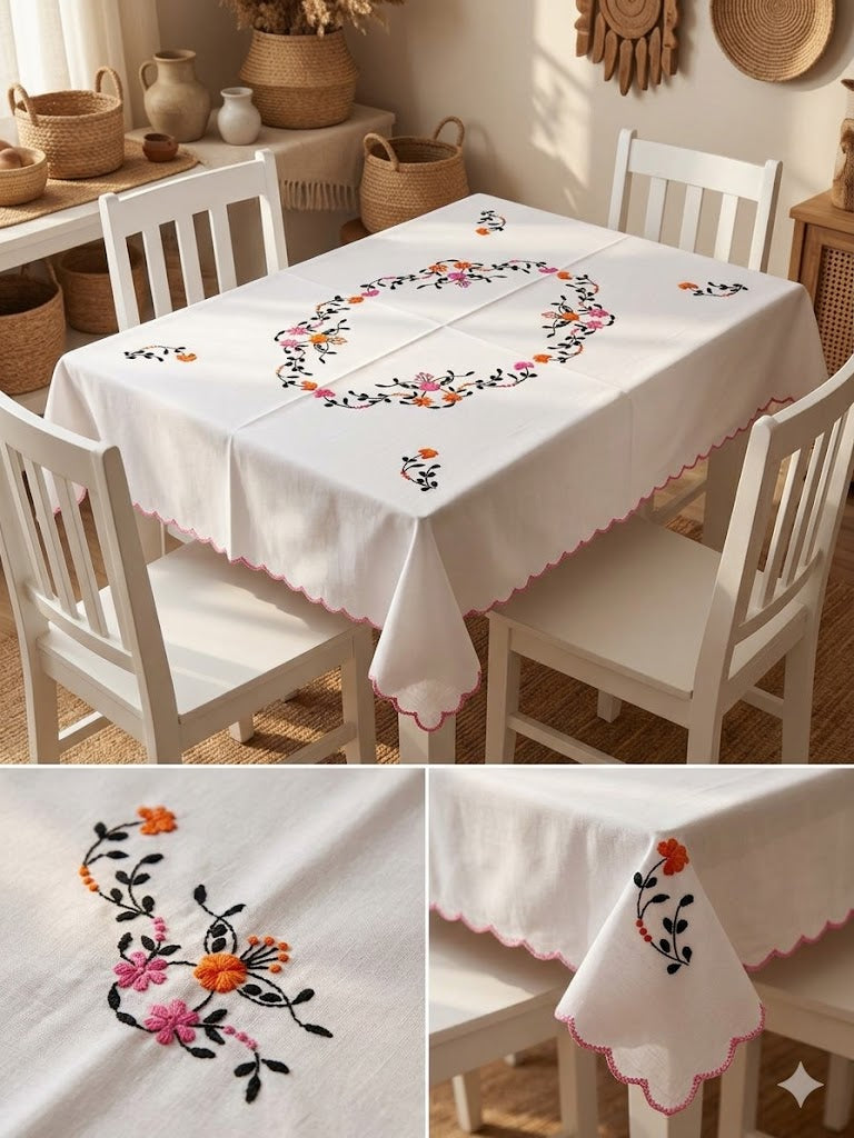 Hand Embroidered Four Seater Floral Table Cover