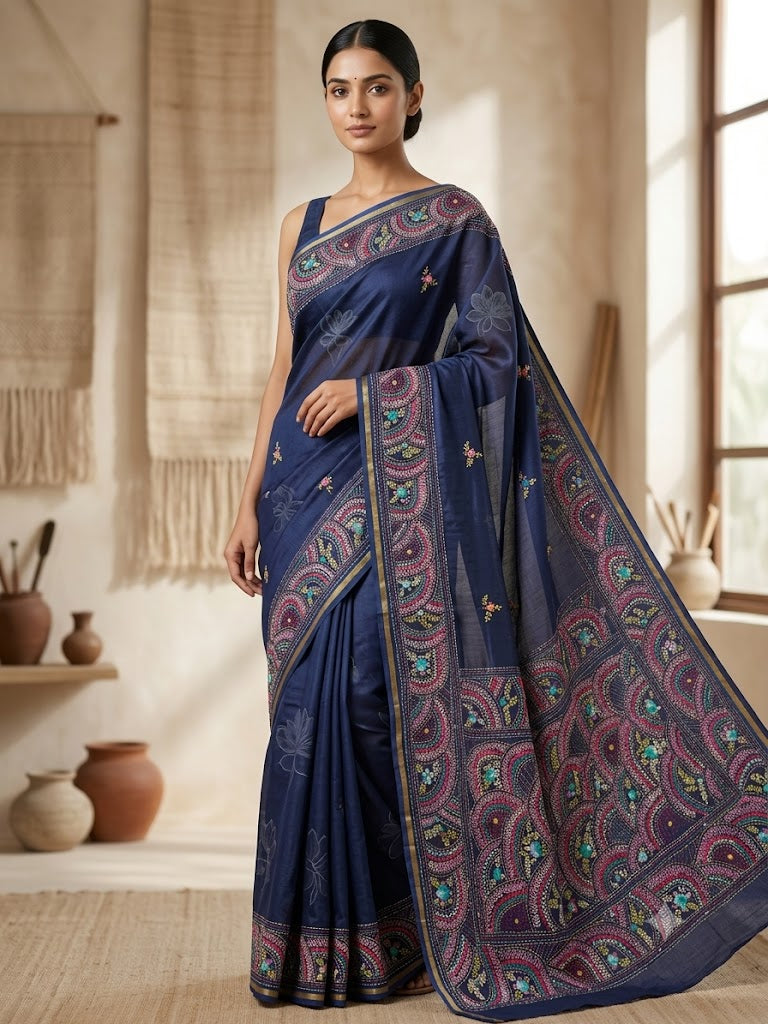 Premium Handcrafted Bullion Stitch Work Chanderi Saree with Blouse Piece