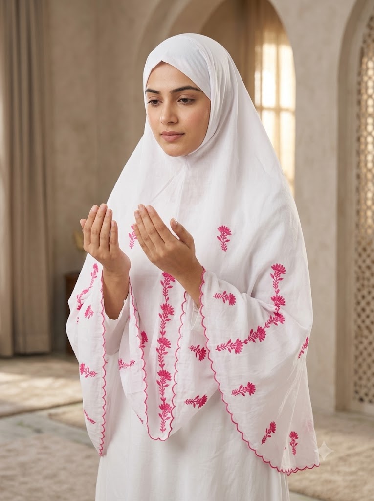 Chikonwala Hand Embroidered Cotton Islamic Namaz Hijab with Floral Embroidery