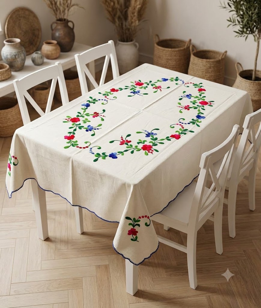 Hand Embroidered Four Seater Floral Table Cover