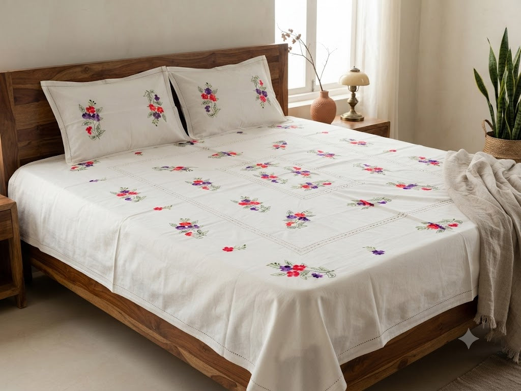 Chikonwala's Floral Embroidered Cotton Beading  Bedsheet