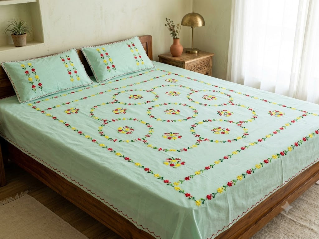 Chikonwala's Hand Embroidered Floral Design Bedsheet