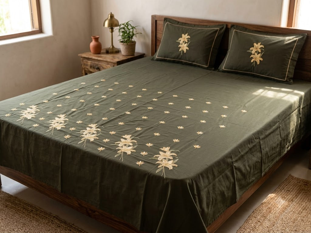 Title Premium Designer Embroidered Satin Cotton Bedsheet Set