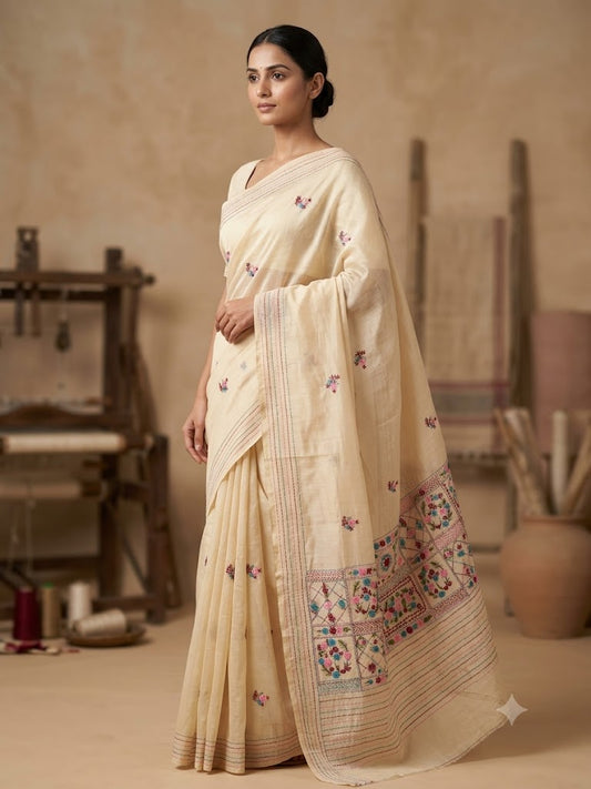 Premium Handcrafted Bullion Stitch Work Chanderi Saree with Blouse Piece