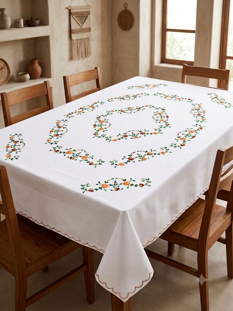 Hand Embroidered Floral Six Seater Table Cover