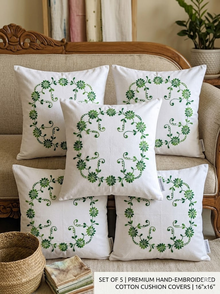 Hand Embroidered Cotton Cushion Covers (Set of 5)