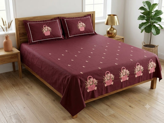 Premium Designer Embroidered Satin Cotton Bedsheet Set