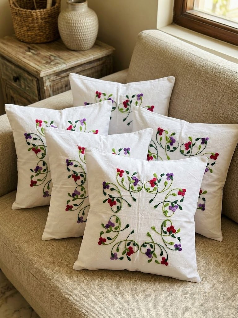 Hand Embroidered Cotton Cushion Covers (Set of 5)