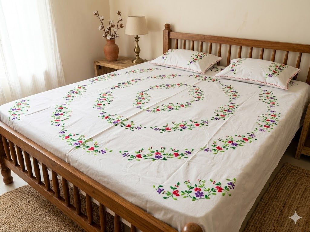 Chikonwala's Hand Embroidered Floral Design Bedsheet