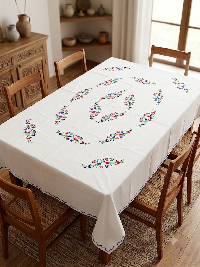 Hand Embroidered Floral Six Seater Table Cover