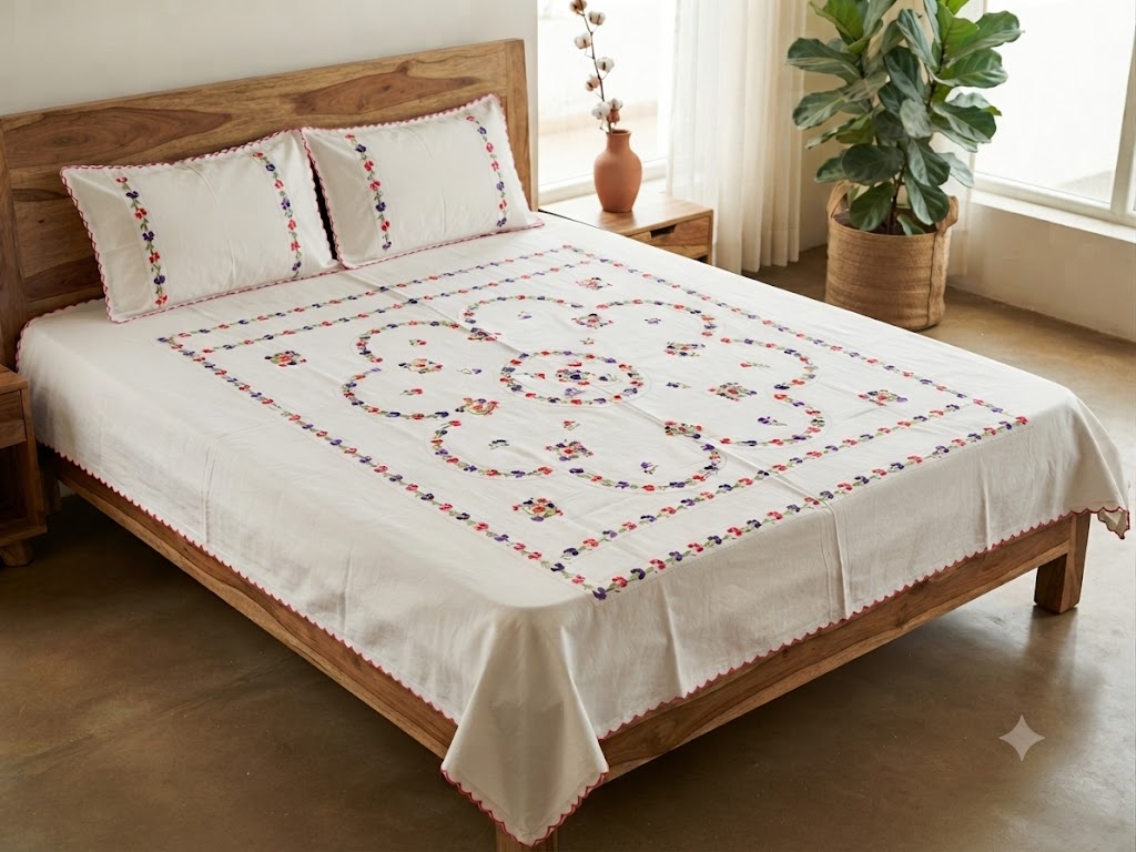 Chikonwala's Floral Embroidered Cotton Beading  Bedsheet