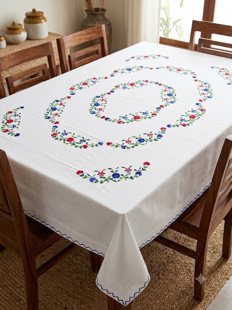 Hand Embroidered Floral Six Seater Table Cover