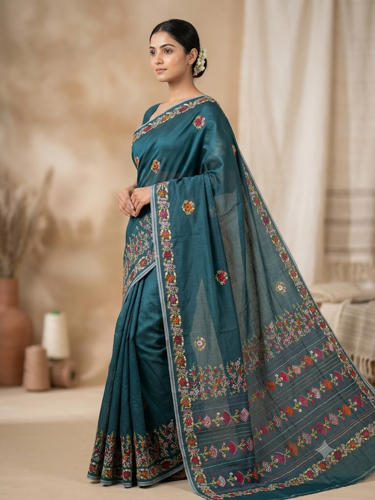 Premium Handcrafted Bullion Stitch Work Chanderi Saree with Blouse Piece
