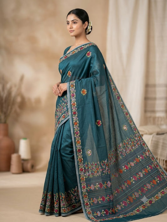 Premium Handcrafted Bullion Stitch Work Chanderi Saree with Blouse Piece
