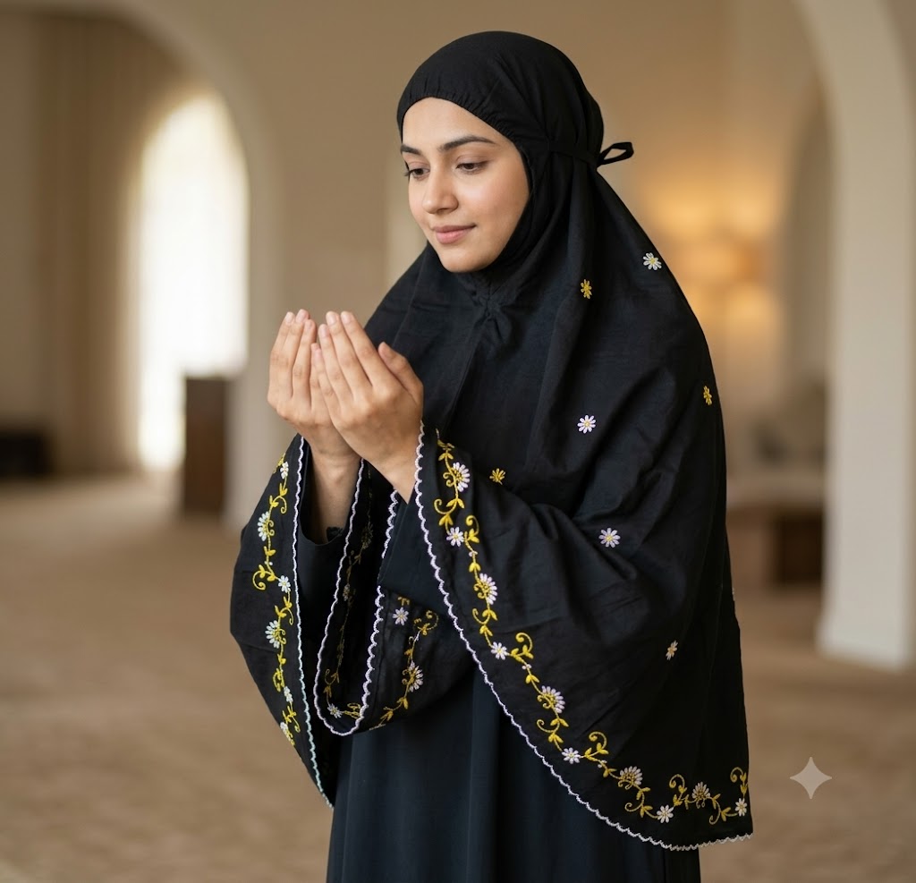 Chikonwala Hand Embroidered Cotton Islamic Namaz Hijab with Floral Embroidery