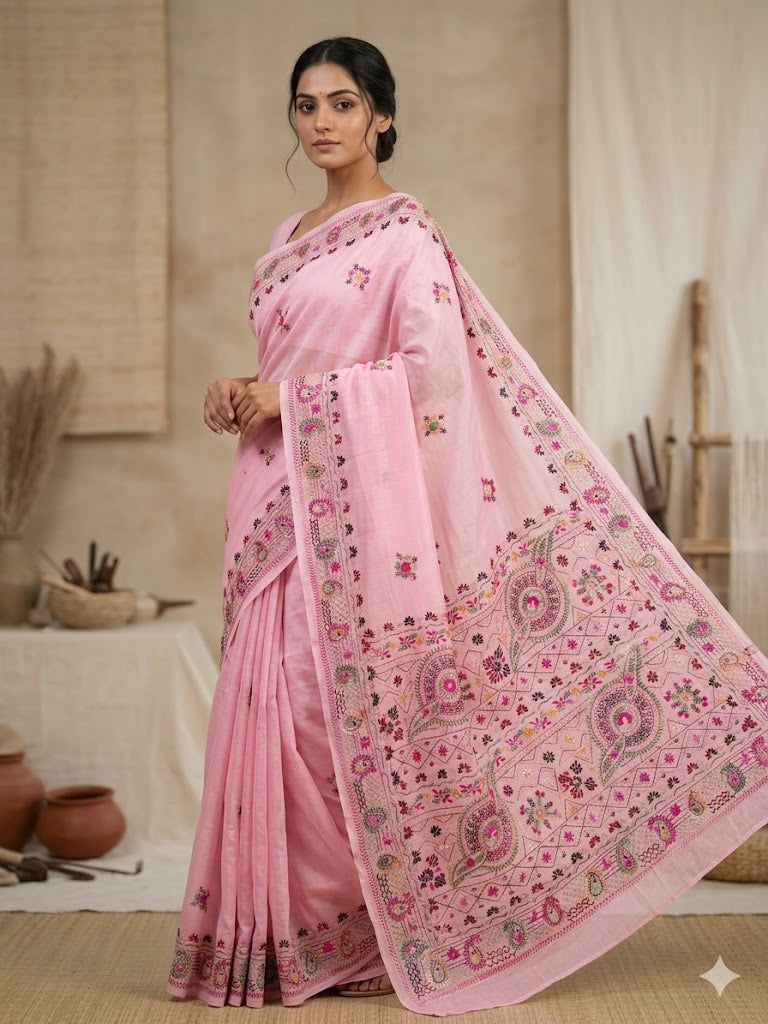 Premium Handcrafted Bullion Stitch Work Chanderi Saree with Blouse Piece
