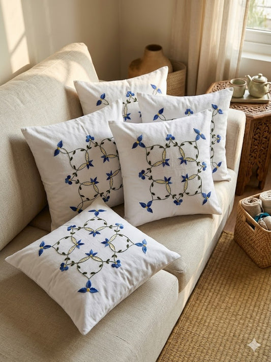 Hand Embroidered Cotton Cushion Covers (Set of 5)