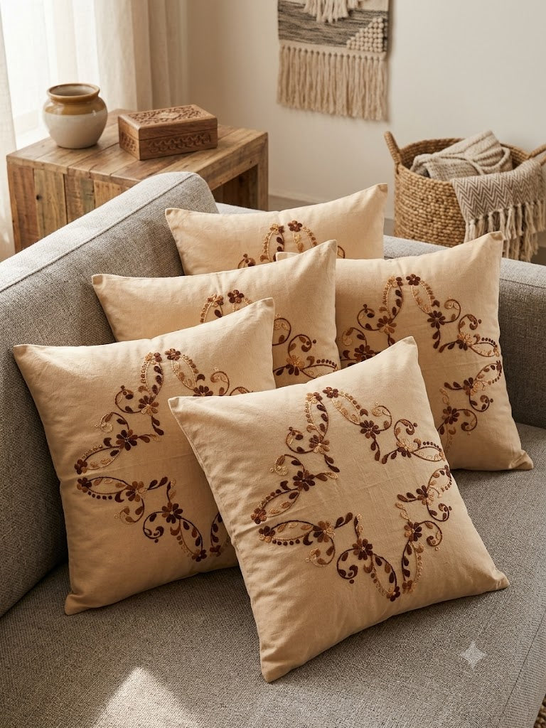 Hand Embroidered Cotton Cushion Covers (Set of 5)