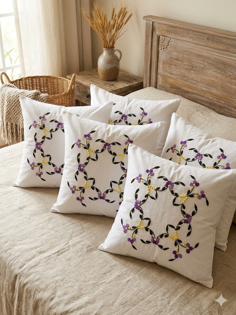 Hand Embroidered Cotton Cushion Covers (Set of 5)