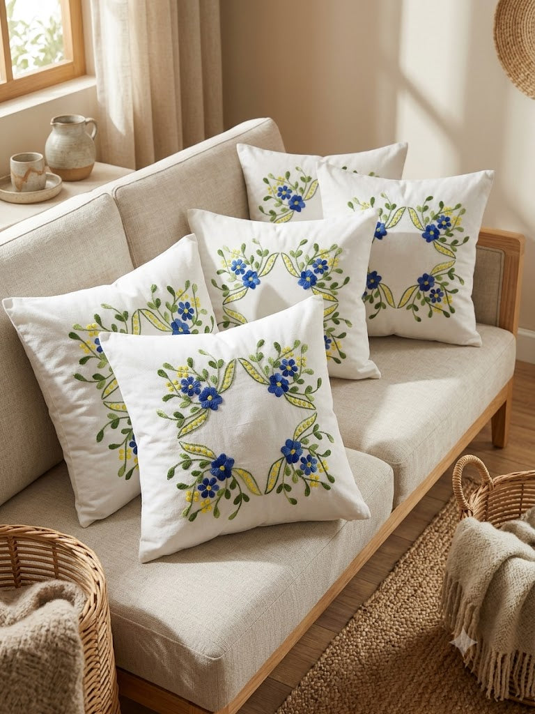 Hand Embroidered Cotton Cushion Covers (Set of 5)