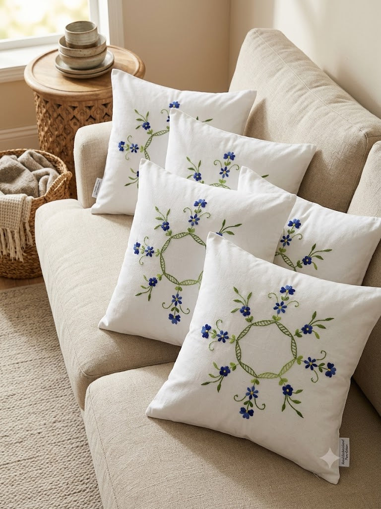 Hand Embroidered Cotton Cushion Covers (Set of 5)