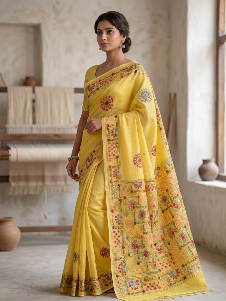 Premium Handcrafted Bullion Stitch Work Chanderi Saree with Blouse Piece