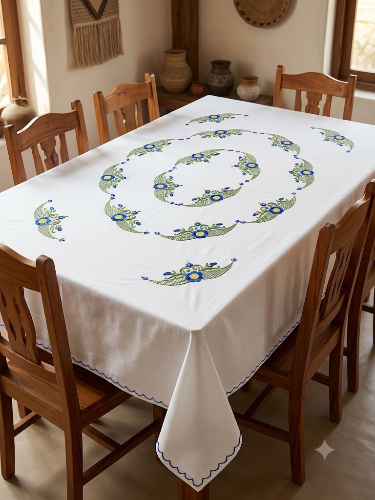 Hand Embroidered Floral Six Seater Table Cover