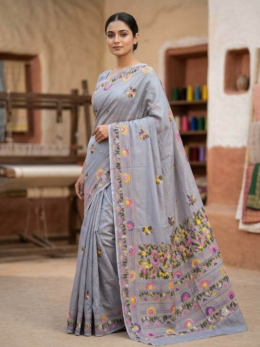 Premium Handcrafted Bullion Stitch Work Chanderi Saree with Blouse Piece
