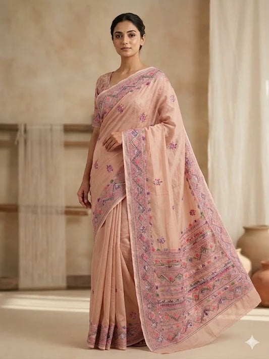 Premium Handcrafted Bullion Stitch Work Chanderi Saree with Blouse Piece