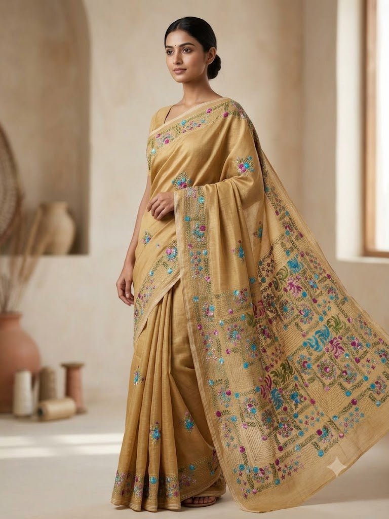 Premium Handcrafted Bullion Stitch Work Chanderi Saree with Blouse Piece