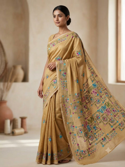 Premium Handcrafted Bullion Stitch Work Chanderi Saree with Blouse Piece