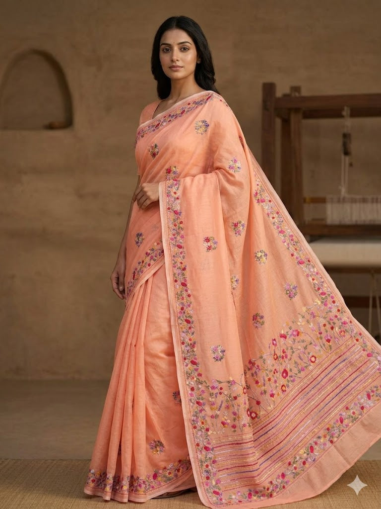 Premium Handcrafted Bullion Stitch Work Chanderi Saree with Blouse Piece