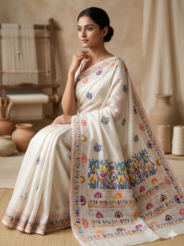 Premium Handcrafted Bullion Stitch Work Chanderi Saree with Blouse Piece