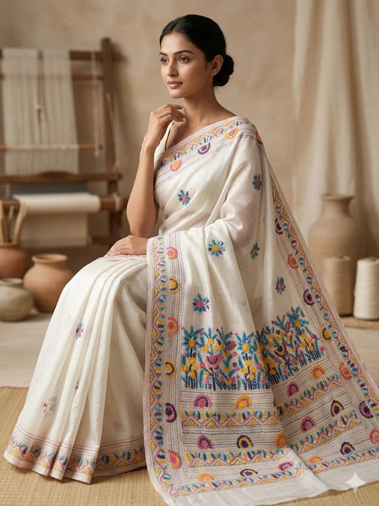 Premium Handcrafted Bullion Stitch Work Chanderi Saree with Blouse Piece